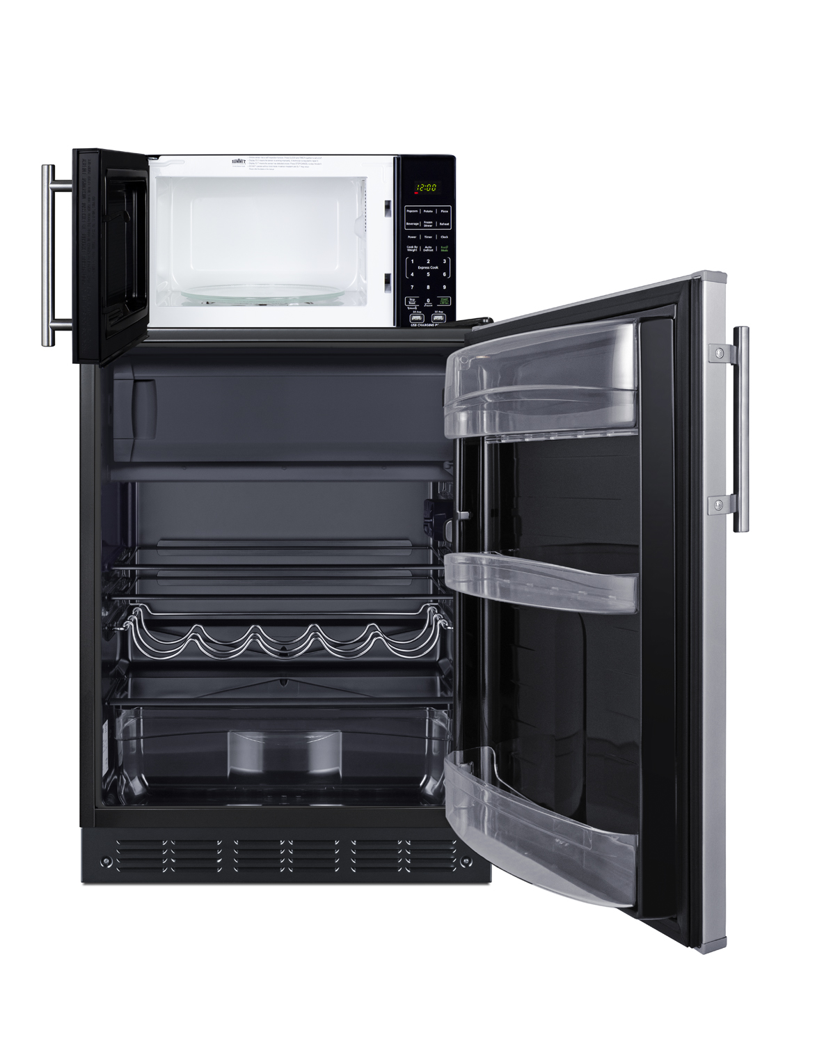 Counter height refrigerator-freezer with stainless steel door and compact microwave in black with allocator and USB ports for 1-plug operation; ships in three boxes on one pallet